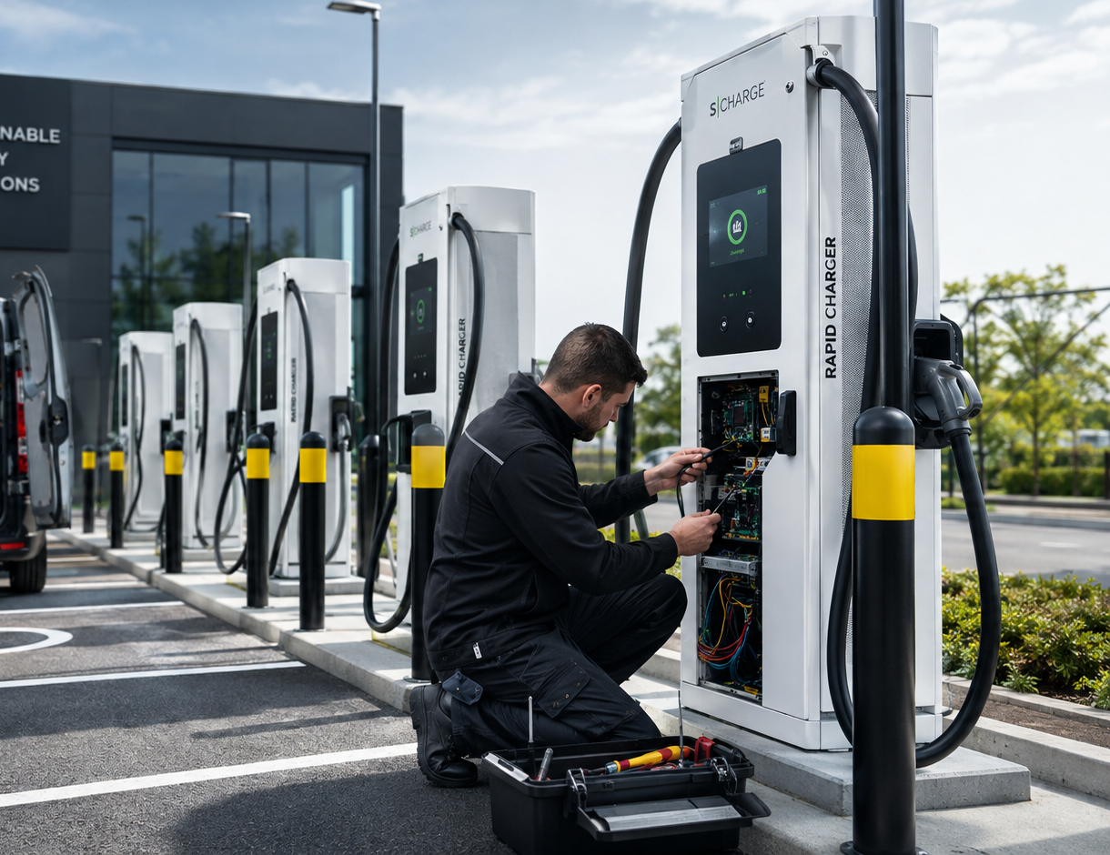 TrueCare engineer working on a commercial rapid EV charger