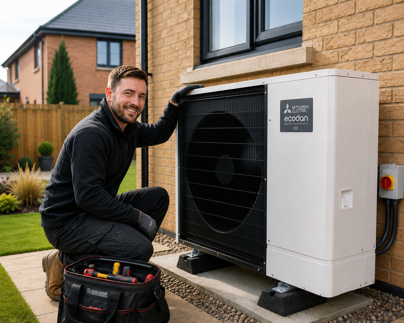 TrueCare engineer servicing an air source heat pump