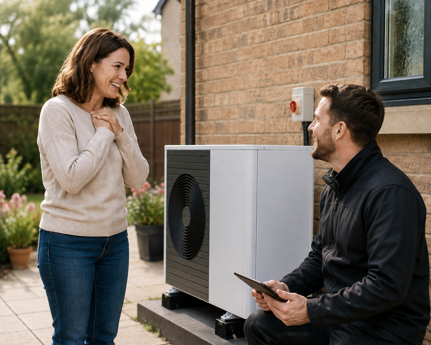 TrueCare engineer chatting with a homeowner beside her air source heat pump