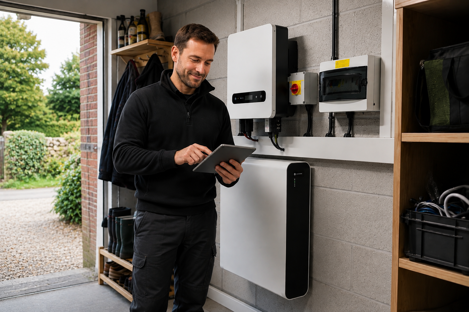Engineer checking a solar battery and inverter
