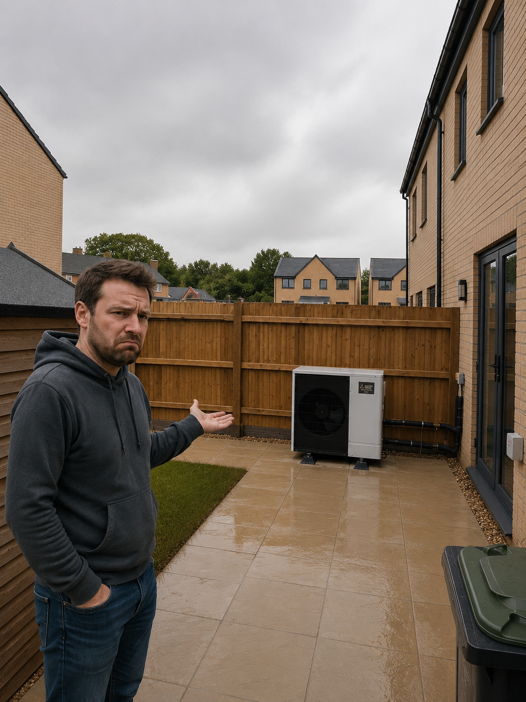 Homeowner looking frustrated beside his air source heat pump